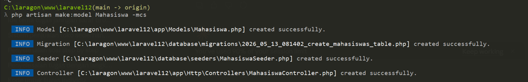 php artisan make:model Mahasiswa -mcs